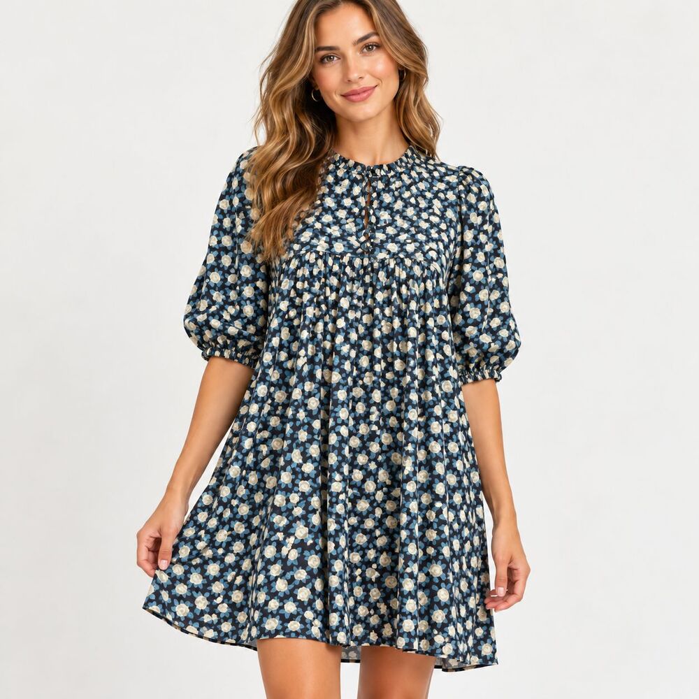 Melissa Nepton Floral Print Tunic Dress Womens S/P Navy Blue Cotton Boho Mini